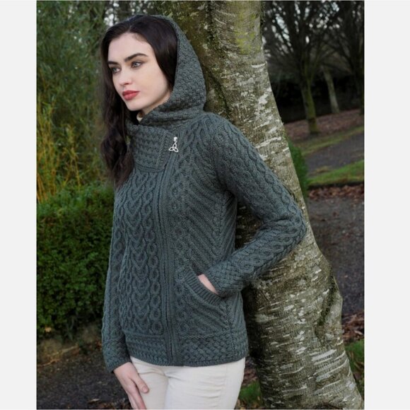 Aran Crafts 100% Merino Wool Hooded Cardigan Green Side Zip Heart Design Small - Picture 4 of 9